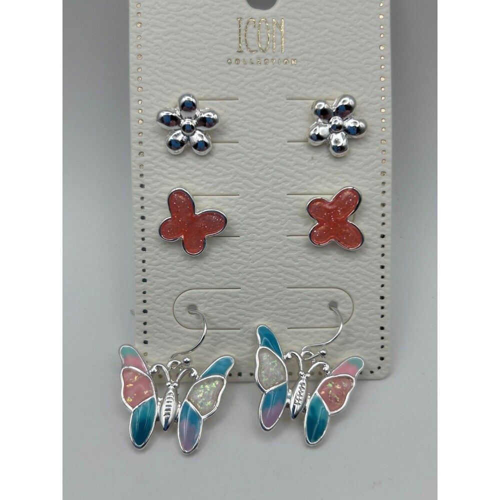 Icon Collection 3 Pair Earring Set Butterfly Flower Studs Dangle Silver Tone New